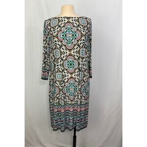 London Times Woman Geometric Mosaic Print Shift Dress Pink Teal Black 16W